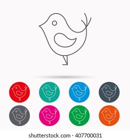Bird with beak icon. Cute small fowl symbol. Social media concept sign. Linear icons in circles on white background.