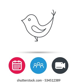 Bird With Beak Icon. Cute Small Fowl Symbol. Social Media Concept Sign. Group Of People, Video Cam And Calendar Icons. Vector