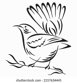 A bird with a beautiful tail on a branch. Stylized black and white ink bird illustration. Silhouette vector illustration