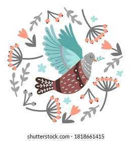 Bird and berries. Hand drawn flying bird in branches and elements of forest, vector illustration of cute singing fowl with wings isolated on white background
