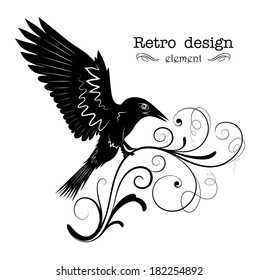 Bird with big wings sits on swirl ornaments.