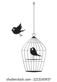 Bird in a birdcage and flying bird illustration, vector. Fun cartoon art design isolated on white background. Minimalist art design