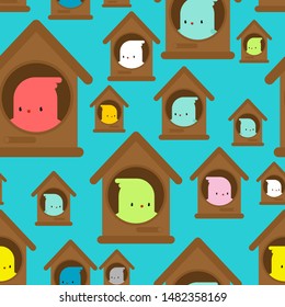 Bird in Birdhouse cartoon pattern seamless. Birdie in home background. Baby cloth texture. vector ornament