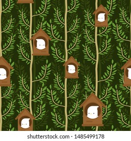 Bird in Birdhouse cartoon pattern seamless. Birdie in home background. Baby cloth texture. vector ornament