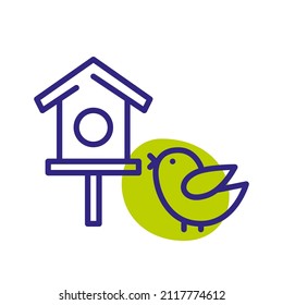 Bird at a birdhouse. Cute spring pixel perfect color icon