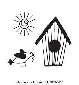 Bird and birdhouse, doodle vector isolated. Preschool education, study position of the object. Bird with worms in its beak.