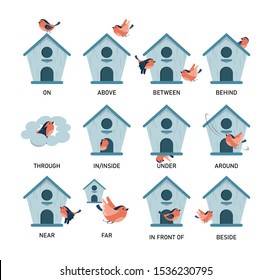 Bird and birdhouse, learning preposition vector isolated. Preschool education, study position of the object. Front side and behind. Bird fly above and around the birdhouse.