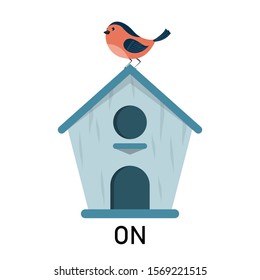 Bird and birdhouse, learning preposition vector isolated. Preschool education, study position of the object. Bird is sitting on the birdhouse.
