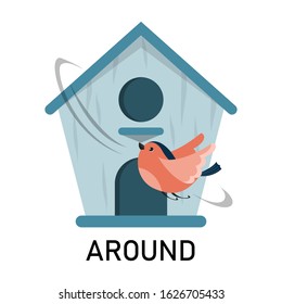 Bird and birdhouse, learning preposition vector isolated. Preschool education, study position of the object. Bird is flying around the birdhouse.