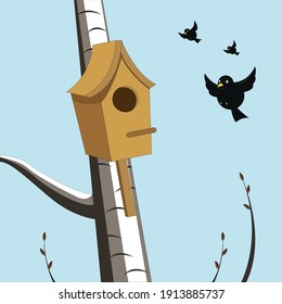 Bird and birdhouse, vector isolated.  Bird is sitting in front of the birdhouse. Cartoon doodle birdhouse and bird vector illustration.Birdhouse on a tree