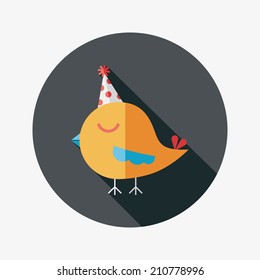 bird with birthday hat flat icon with long shadow,eps10