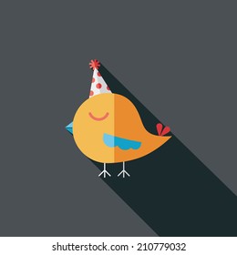 bird with birthday hat flat icon with long shadow,eps10