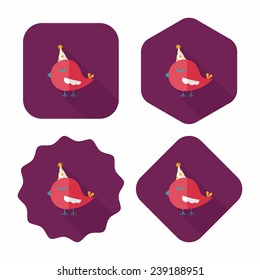 bird with birthday hat flat icon with long shadow, eps10