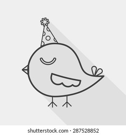 bird with birthday hat flat icon with long shadow, line icon