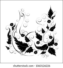 A bird in black leaves with monograms on a white background. Vector illustration.