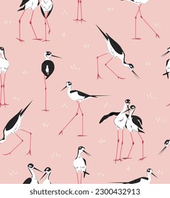 Bird Black necked Stilt Seamless pattern. Vector wetland water animal illustration on pink background