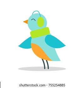 Bird with blue plumage in warm earpieces stands on thin legs isolated and listen to music vector illustration on white. Christmas animal in headgear.