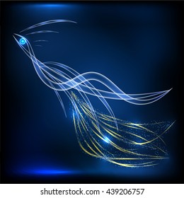 Bird. Blue bird, sparkling tail, phoenix