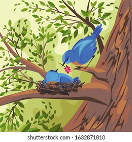 the bird is blue. vector image of a bird on a nest. landscape of nature. nest on a tree branch