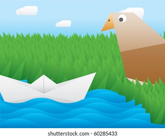 Bird and boat made of paper, placed in a wild place.