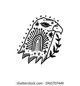 Bird boho eagle head magical vintage distressed art symbol or label. Vector illustration
