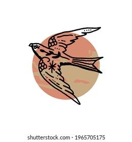 Bird boho magical vintage distressed art symbol or label. Vector illustration