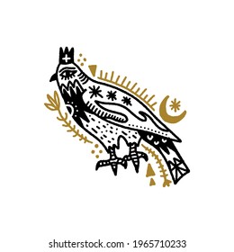 Bird boho magical vintage distressed art symbol or label. Vector illustration