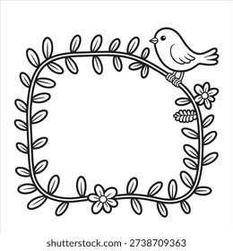 Bird Border Frame Outline – Floral Leafy Square Design for Coloring Craft