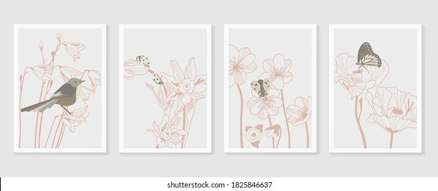 Bird Botanical wall art vector set. Earth tone boho foliage line art drawing with  abstract shape.  Abstract Plant Art design for print, cover, wallpaper.