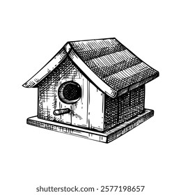 Bird box sketch. Hand made birdhouse drawings. Wooden house for animals vector illustration. NOT AI generated 