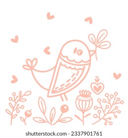 Bird with branch in its beak drawn. illustration in doodle style. abstract decorative flowers and hearts. design elements for girls card, Mothers day and coloring book