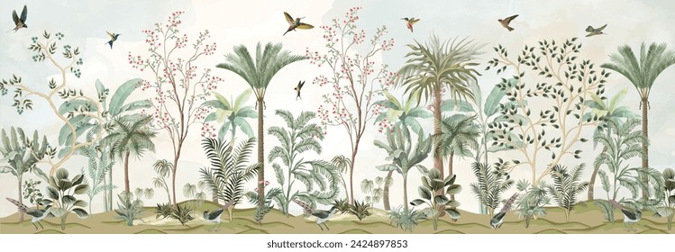 Bird and Branch Mural in Peach Sunrise, Tropical plant, garden, watercolor background.