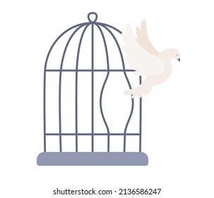 Bird Break Out Of Cage. Symbol For Freedom And Breaking Free From Captivity. Vector Flat Illustration