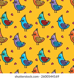 Bird, bright Mexican floral-botanical seamless pattern of turquoise, pink, orange, green, yellow flowers.