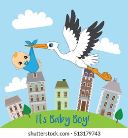 Bird bring cute baby boy with houses background for greeting card vector stock