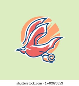 Bird bring the paper letter logo character flat line style. For emoji, icon, sticker, logo, pin, patch, badge vector illustration