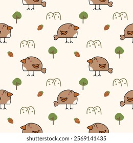 Bird brown cartoon so cute. On tree mountain strawberry  background. Pattern seamless vector illustration. 

