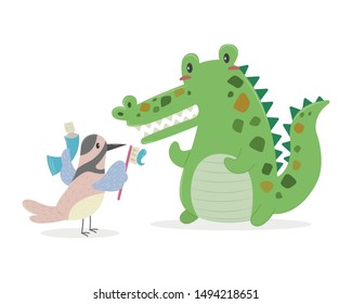 Bird brushes a crocodile’s teeth vector illustration cartoon isolated on white background. Nile crocodile and Egyptian plover cartoon.