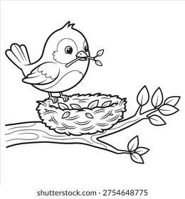 A bird building its nest on a tree branch