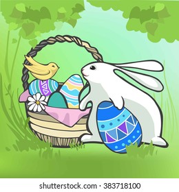 The bird and bunny with basket of Easter eggs.