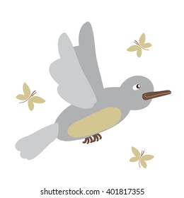 Bird and butterfly cartoon flying. Vector illustration.