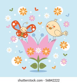 Bird and butterfly friends dancing on top of a tulip flower to celebrate spring