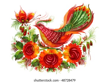 Bird and butterfly on the decorative flowers, on the white background