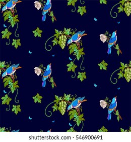 Bird butterfly and rose with wine grapes seamless vector pattern.