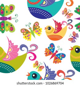 Bird and Butterfly Vector Seamless  Pattern