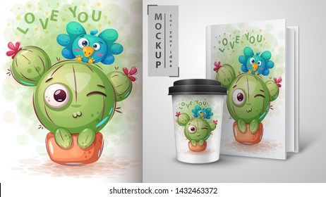 Bird, Cactus - Mockup For Your Idea. Vector Eps 10