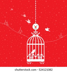 Bird in a cage against a background of red and snow Vector.