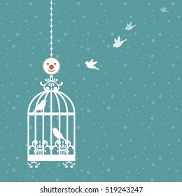 Bird in a cage against a background of snow Vector.