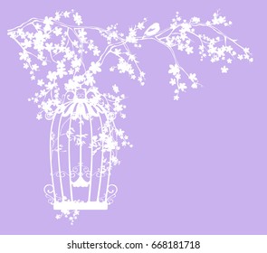 bird cage among blooming tree branches vector silhouette design