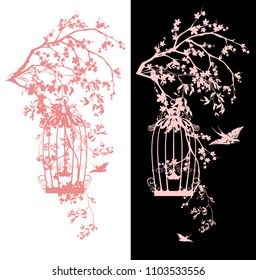 bird cage among sakura blossom - spring season blooming garden vector design